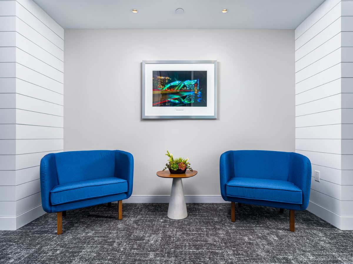 Small hallway lounge at JAMS Houston — two blue tub chairs around a walnut side table with succulents, and a Montrose Bridge print between white shiplap walls.